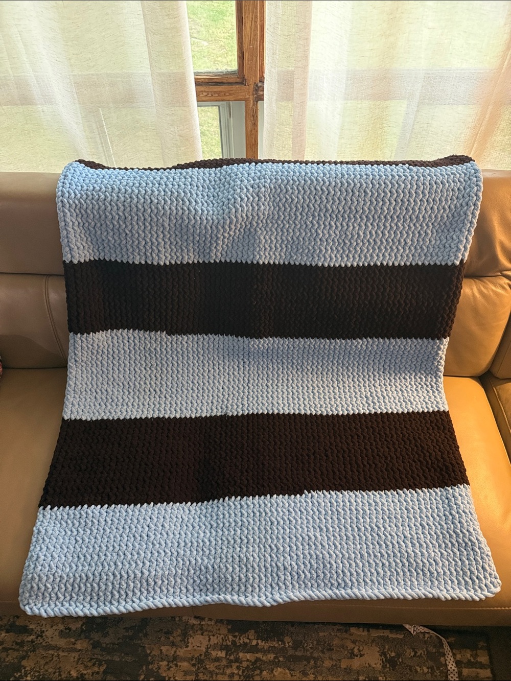 Chunky Knit Throw Blanket - Blue and Dark Brown Stripes